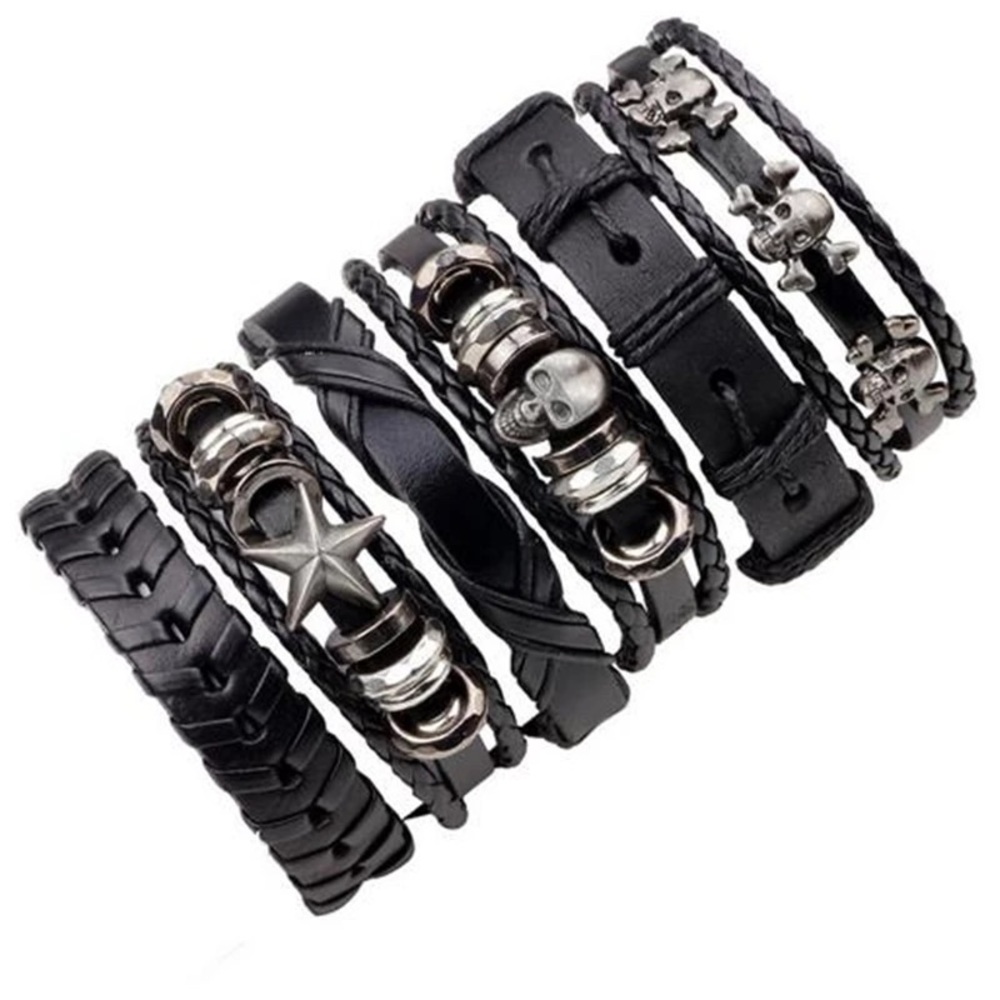 6 Pcs Set Punk Rock Skull Braided Leather Rope Bracelets - Picture 5 of 15